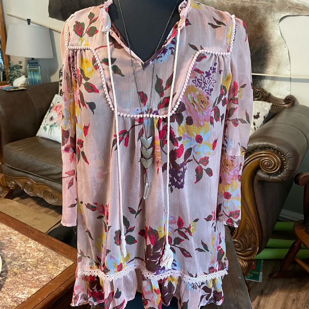 Dusty rose boho sheer ruffle blouse